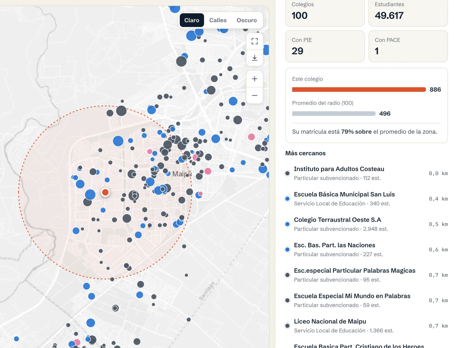 Mapa con el radio de competencia alrededor de un colegio y la lista de colegios cercanos